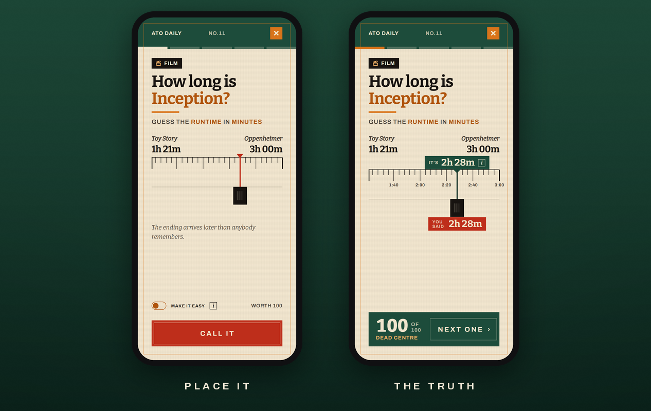 ATO Daily on two phones: placing Inception's runtime along the tape, and the reveal calling it dead centre for 100 points