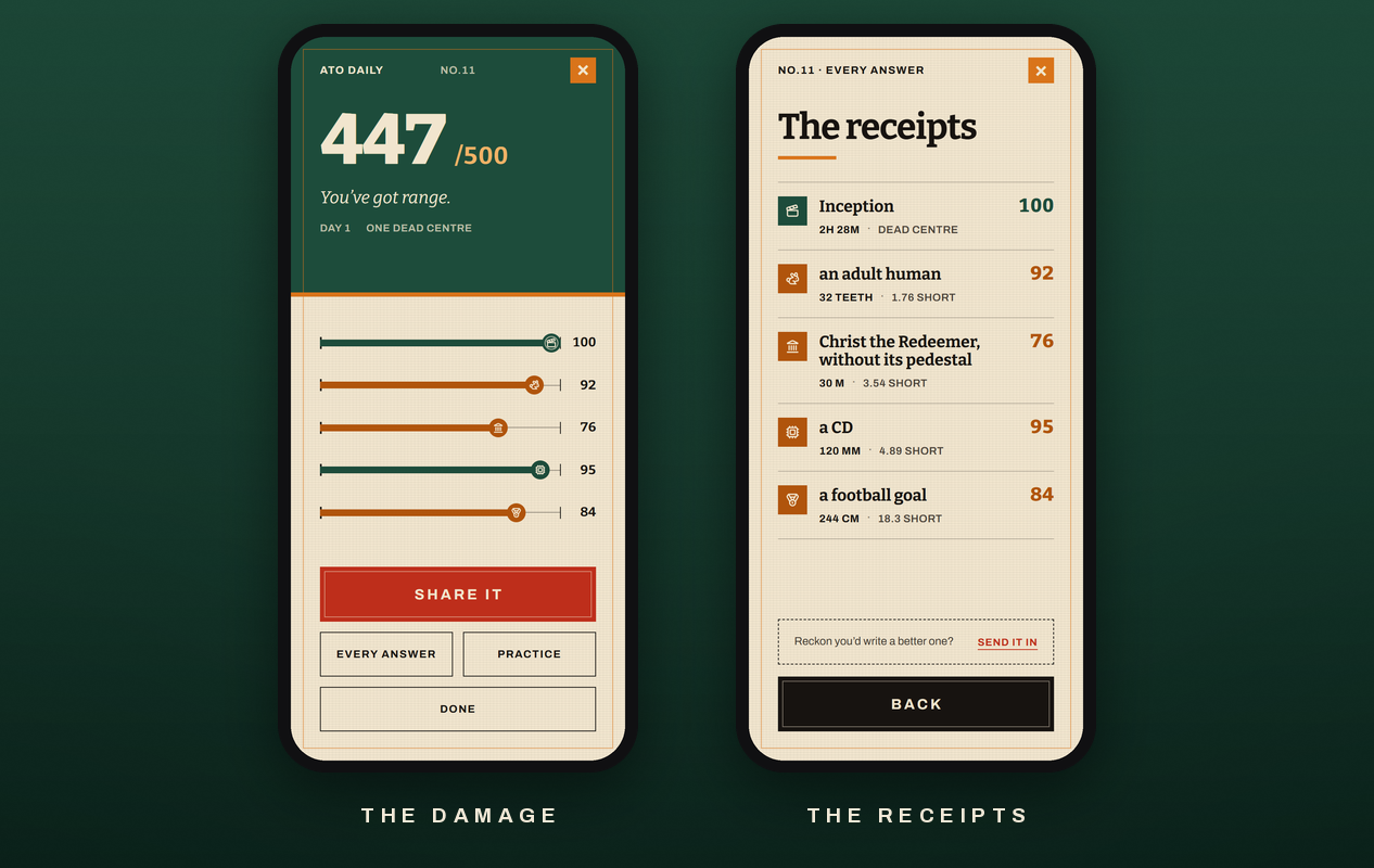 ATO Daily on two phones: the day scored 447 out of 500, and the receipts listing every answer