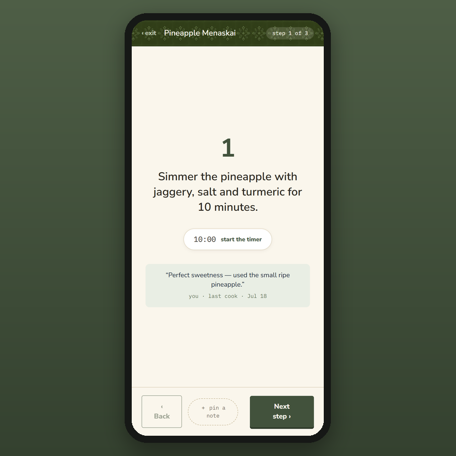 Cammena cook mode — one giant step at a time, with a timer and the last cook's note
