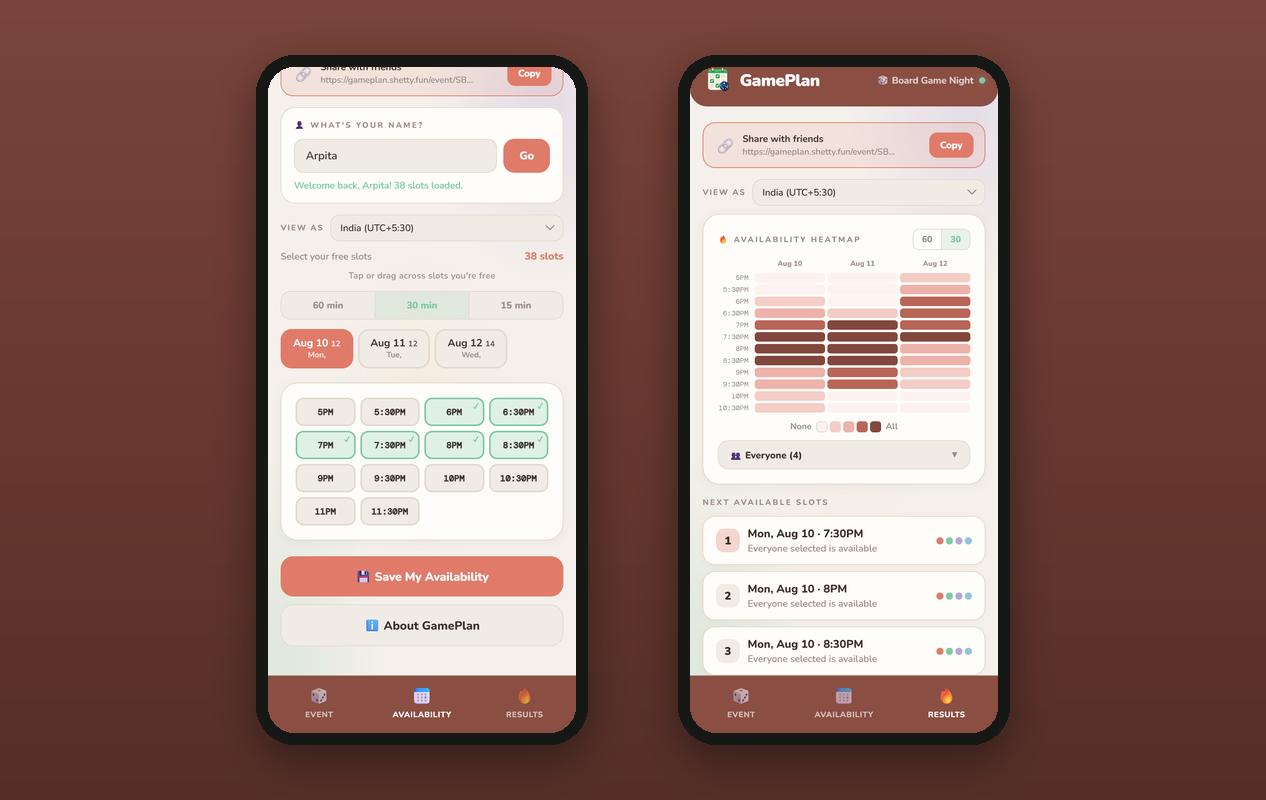 GamePlan on two phones: tapping the slots you're free, and the availability heatmap that picks the night