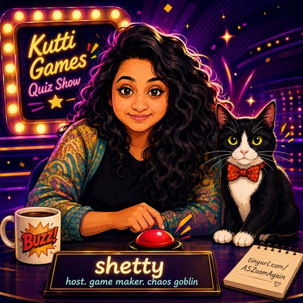 Illustration of Arpita and her tuxedo cat hosting the Kutti Games quiz show