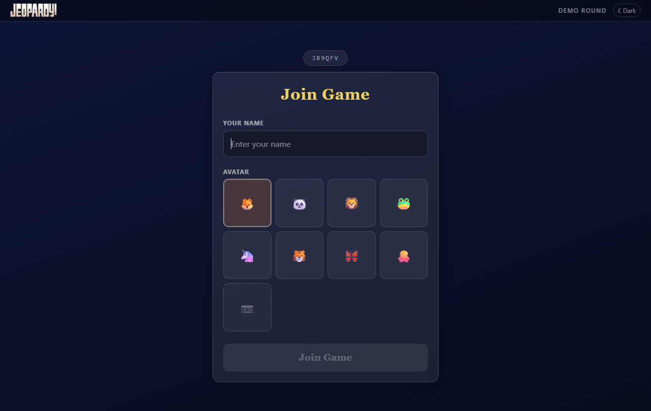 Jeopardy player join screen (enter name and avatar)