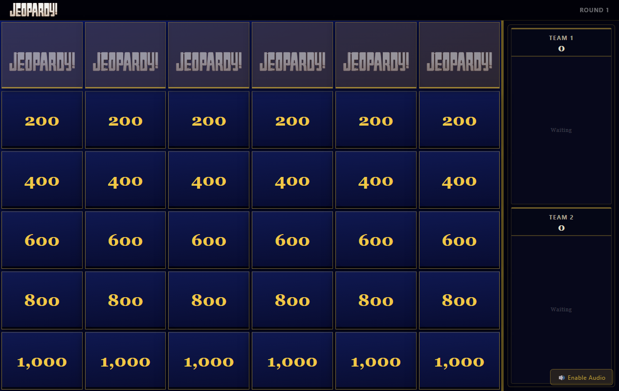 Jeopardy display: full Round 1 category board