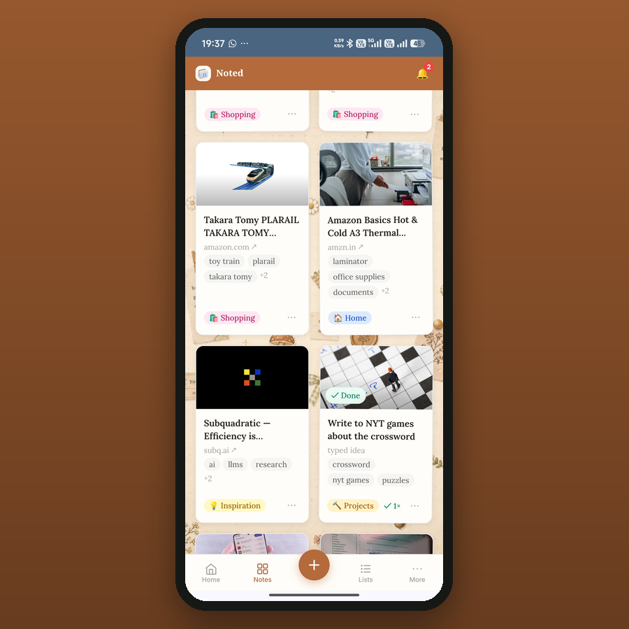 Noted — saved links and ideas as cards, auto-tagged and filed to boards