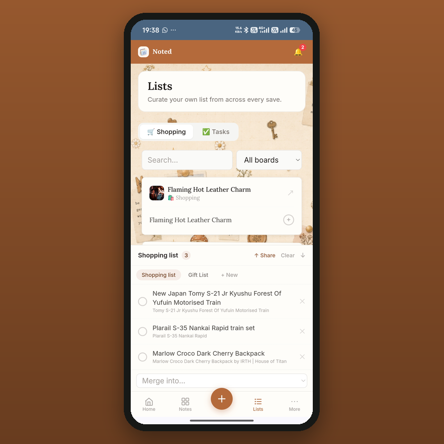 Noted lists — a shopping list built from saves across every board