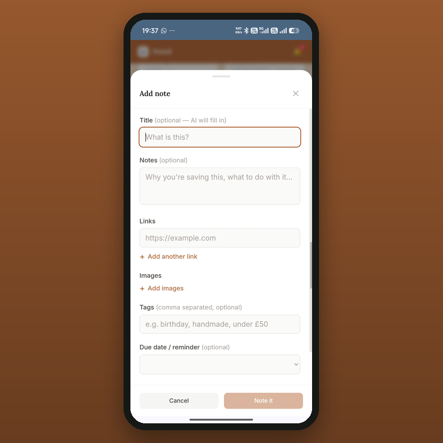 Noted — adding a note; the AI fills in the title from a link