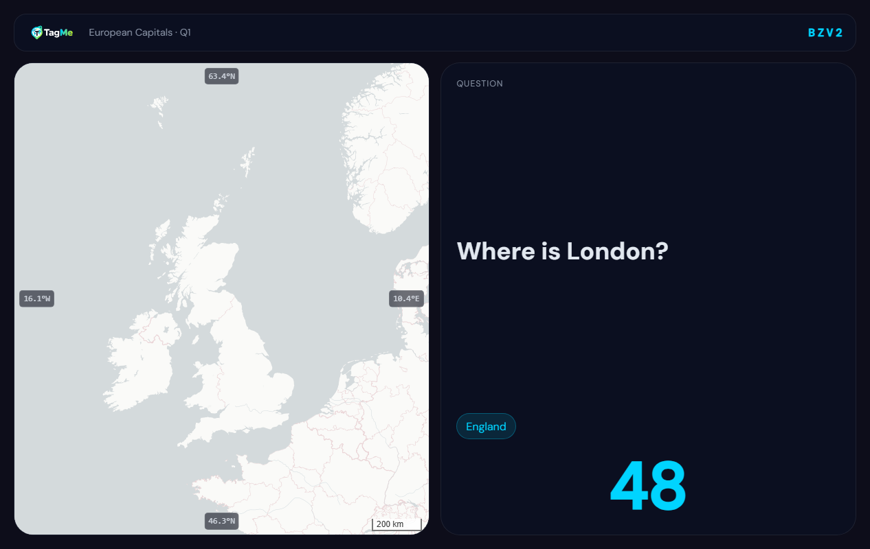 TagMe display: world map with a live question, Where is London?