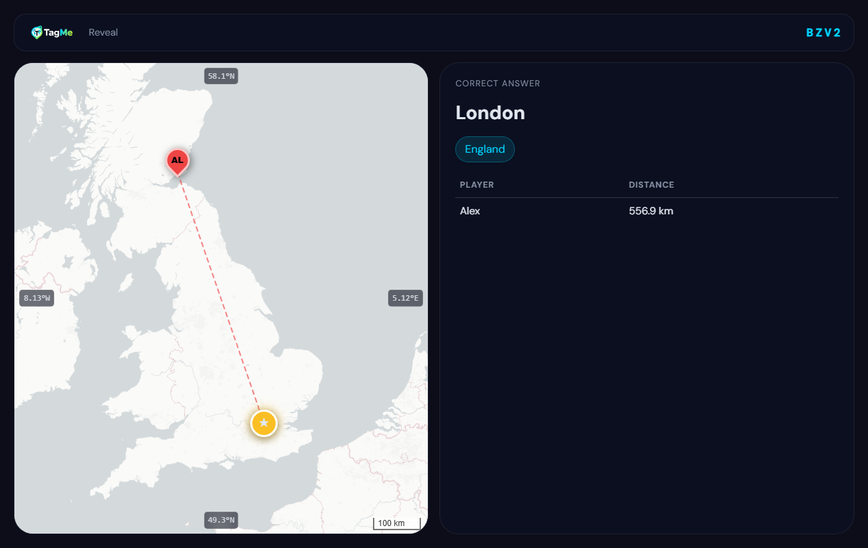 TagMe display: location reveal with a pin, distance line and scores
