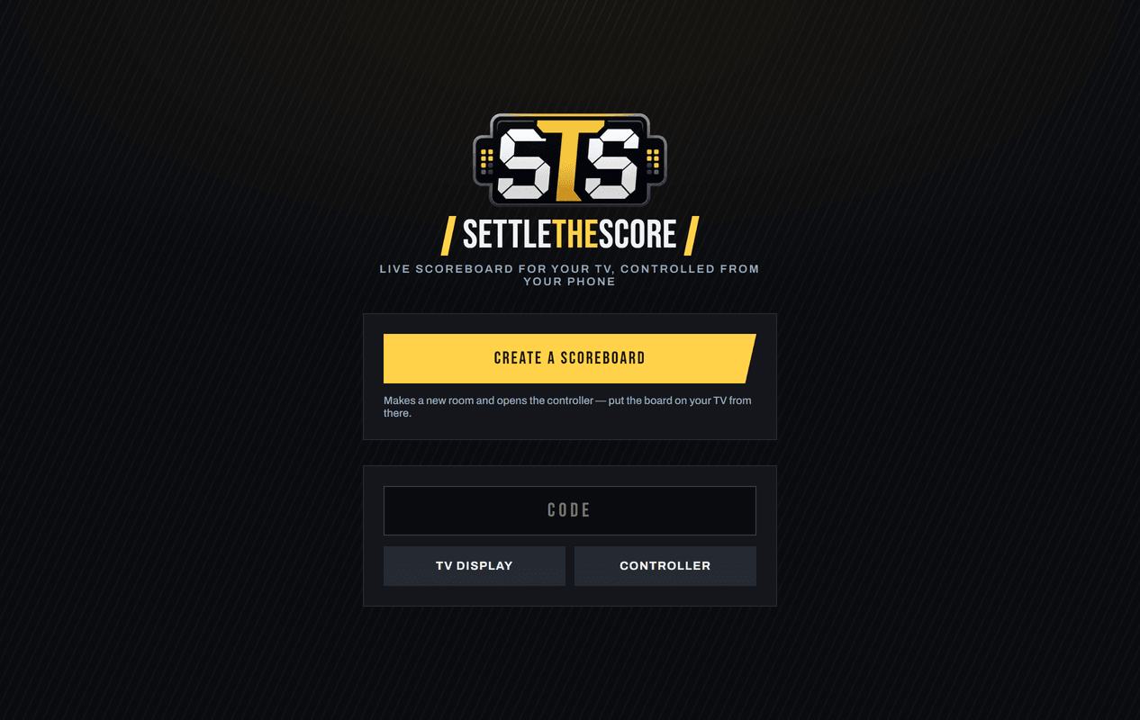 SettleTheScore landing — create a scoreboard or join a room