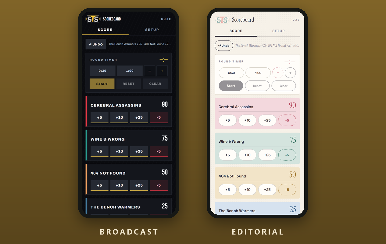 SettleTheScore phone controller in Broadcast and Editorial themes, side by side