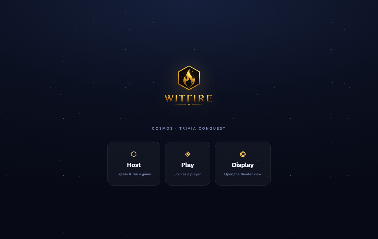 Witfire — cosmos trivia conquest — host, play or display menu
